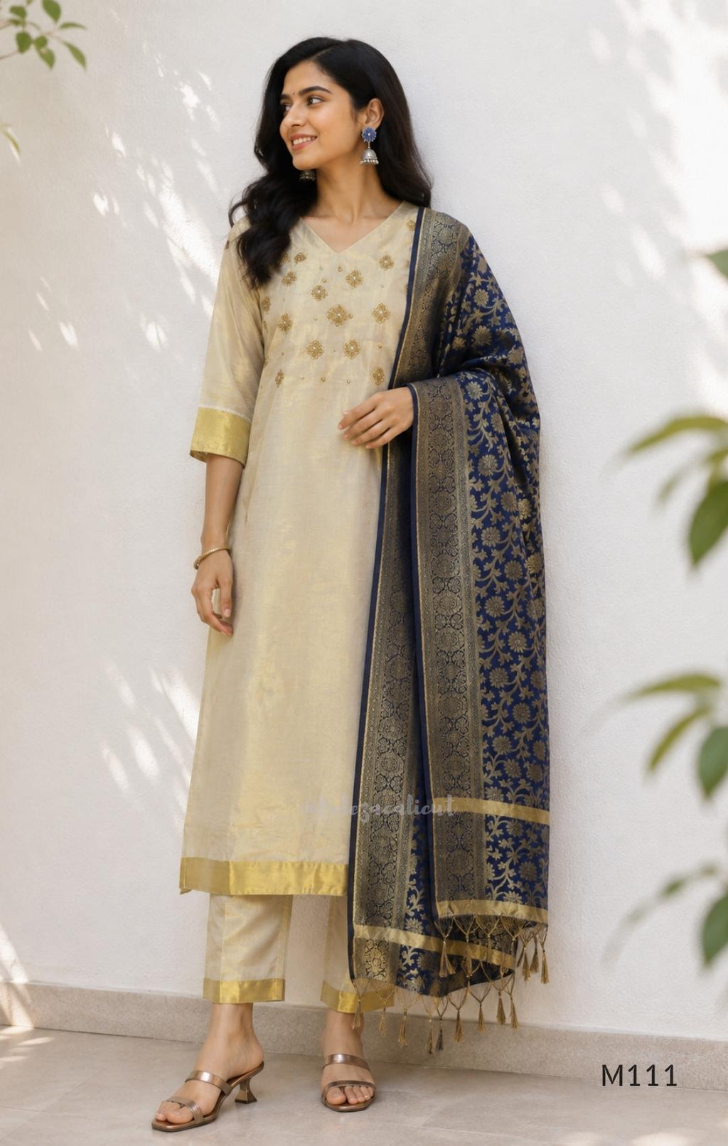 Soft Gold Tissue Silk Blend Embroidered 3-Piece Set