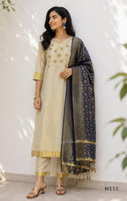 Soft Gold Tissue Silk Blend Embroidered 3-Piece Set
