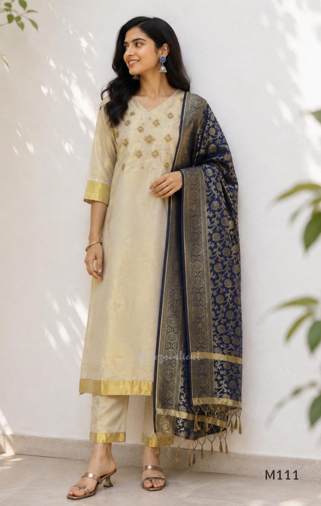 Soft Gold Tissue Silk Blend Embroidered 3-Piece Set