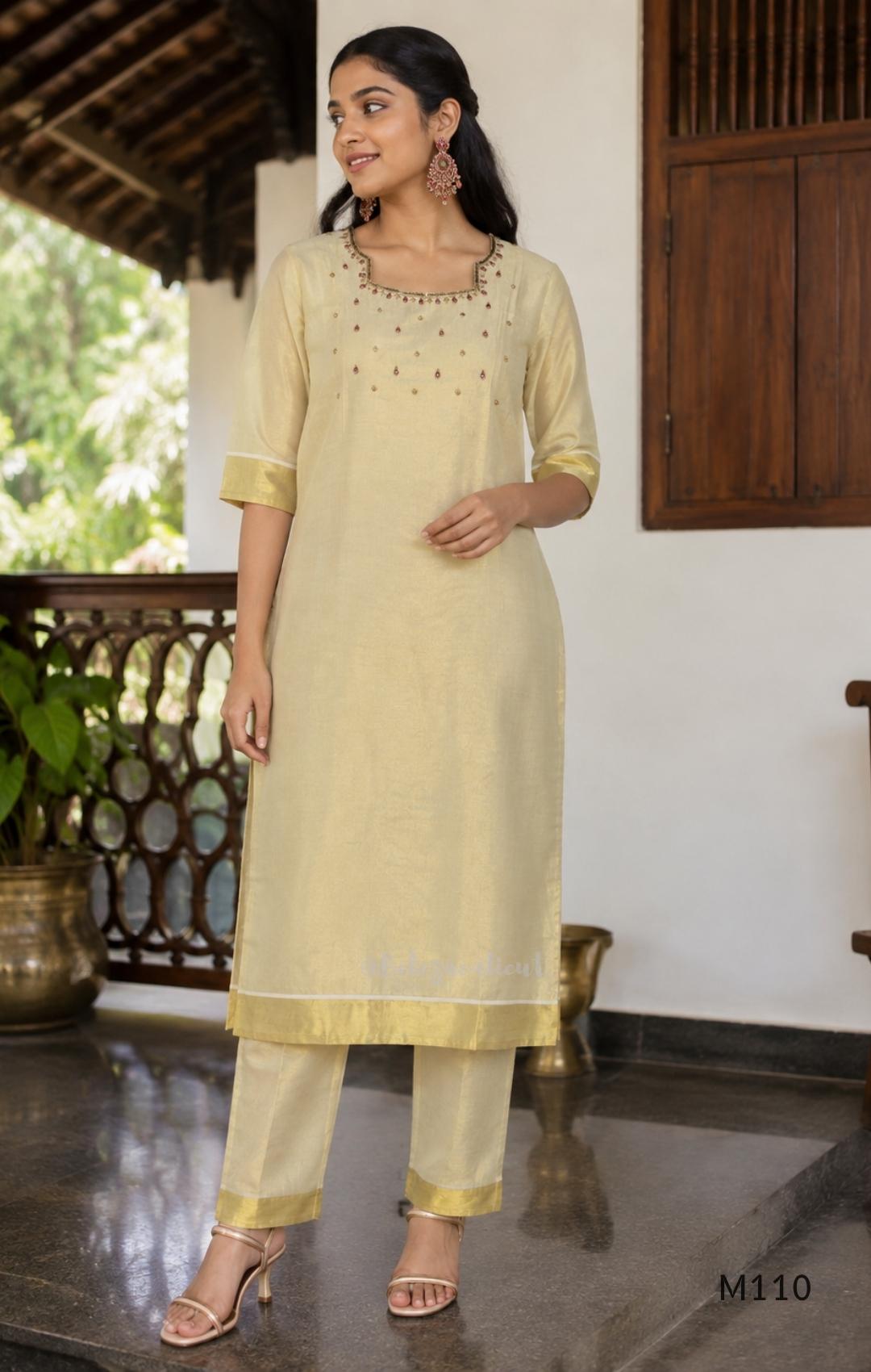 Champagne Gold Tissue Silk Embellished 2-Piece Set