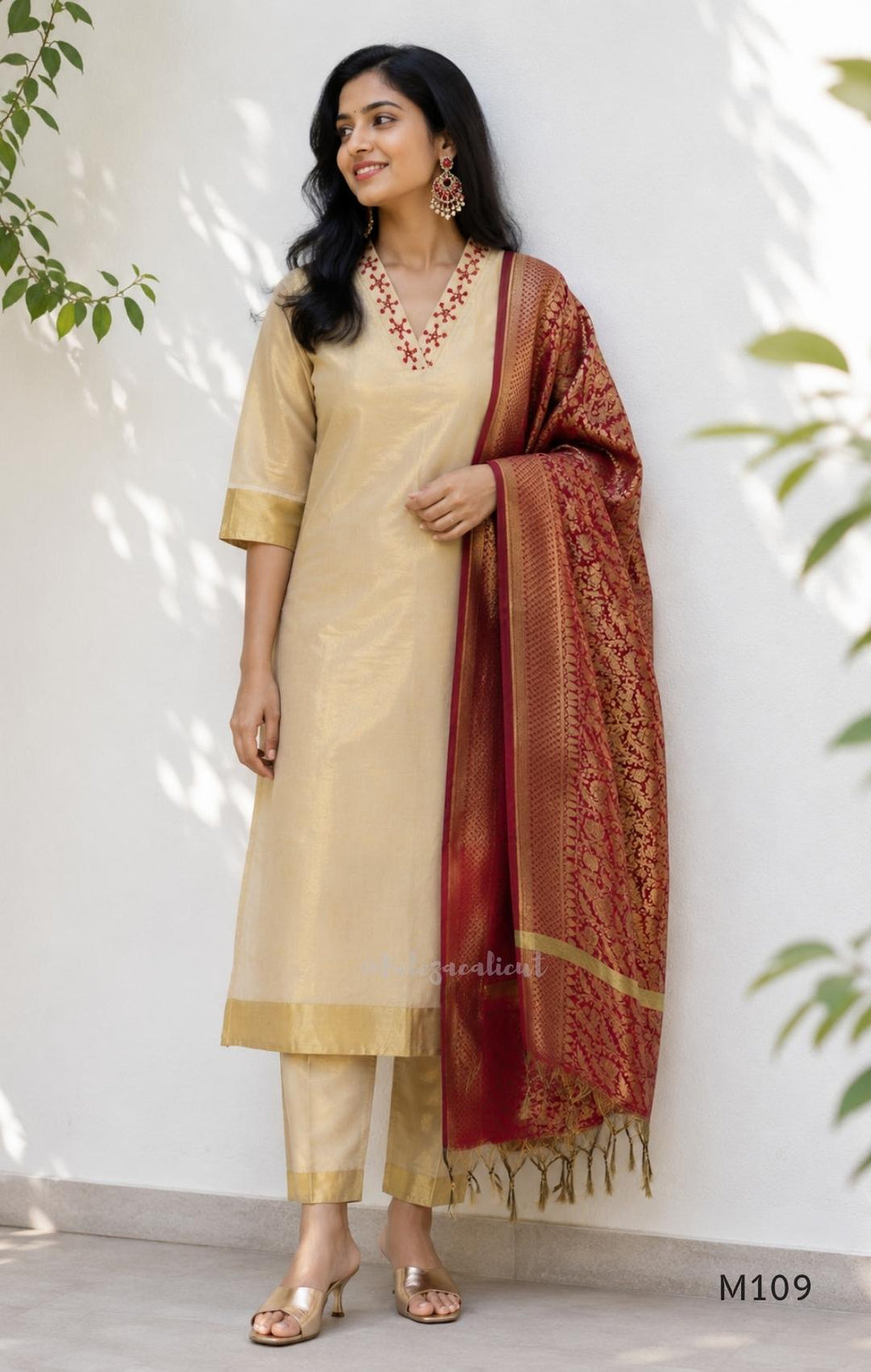 Soft Gold Tissue Silk Blend Maroon Zari Dupatta 3-Piece Set
