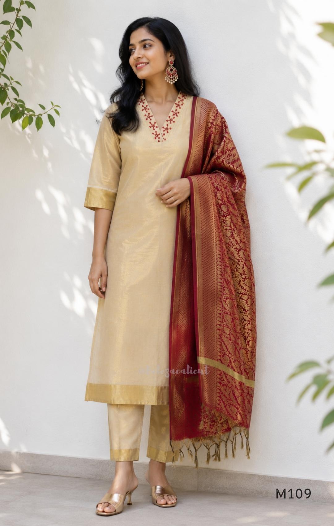 Soft Gold Tissue Silk Blend Maroon Zari Dupatta 3-Piece Set
