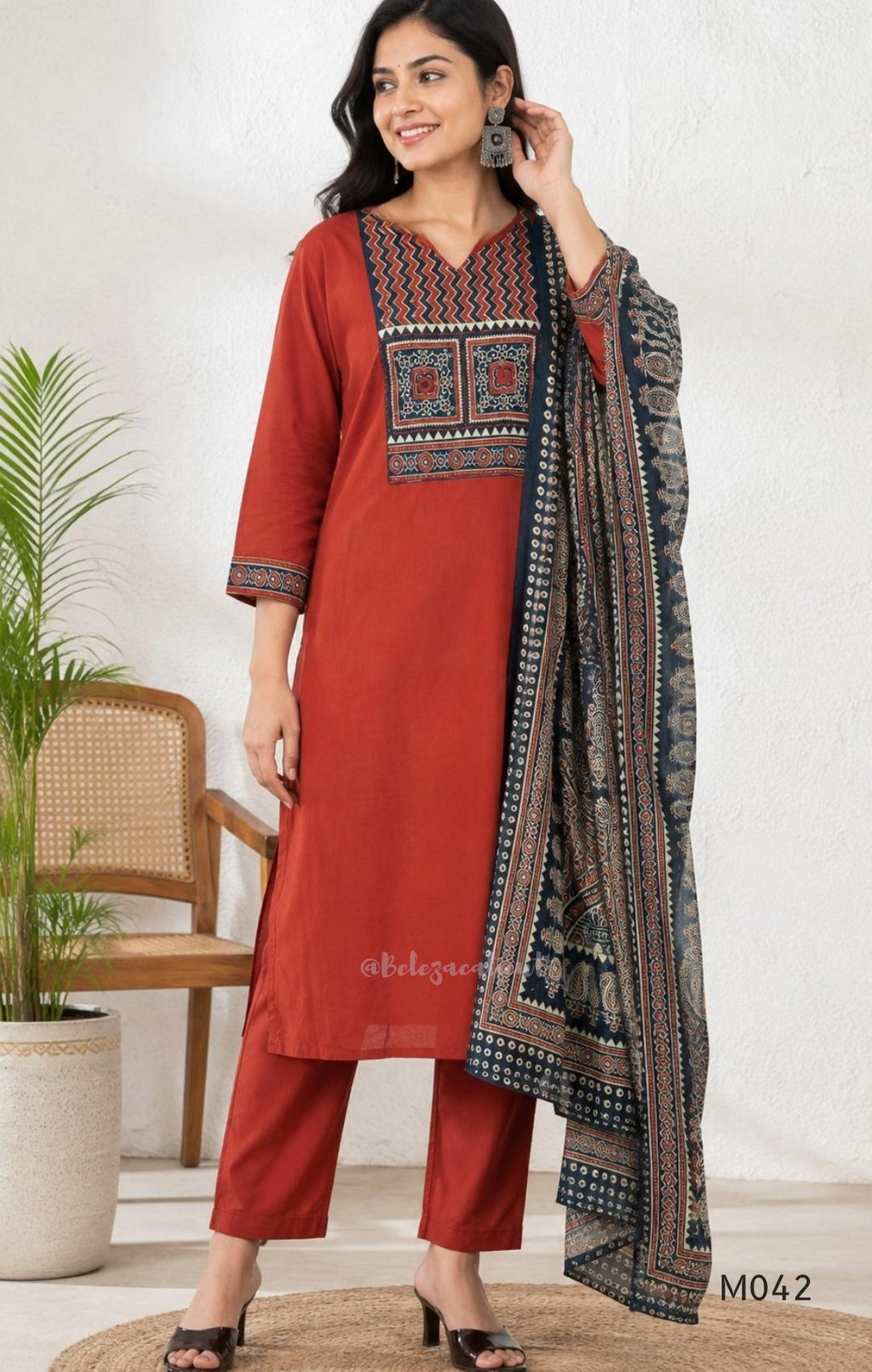 Brick Red Jaipur Cotton Printed Yoke Churidar Set