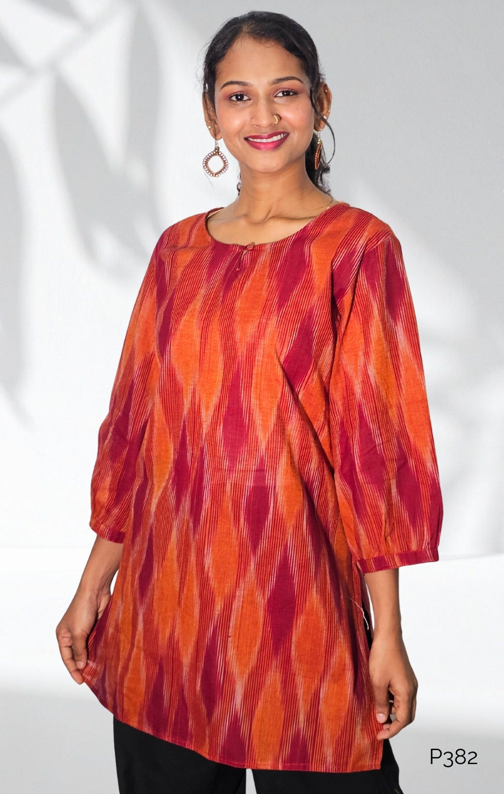 Rust & Maroon Cotton Ikat Printed Straight Kurti