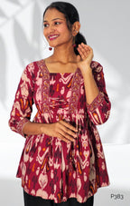 Deep Maroon Ikat Printed Cotton Peplum Top1