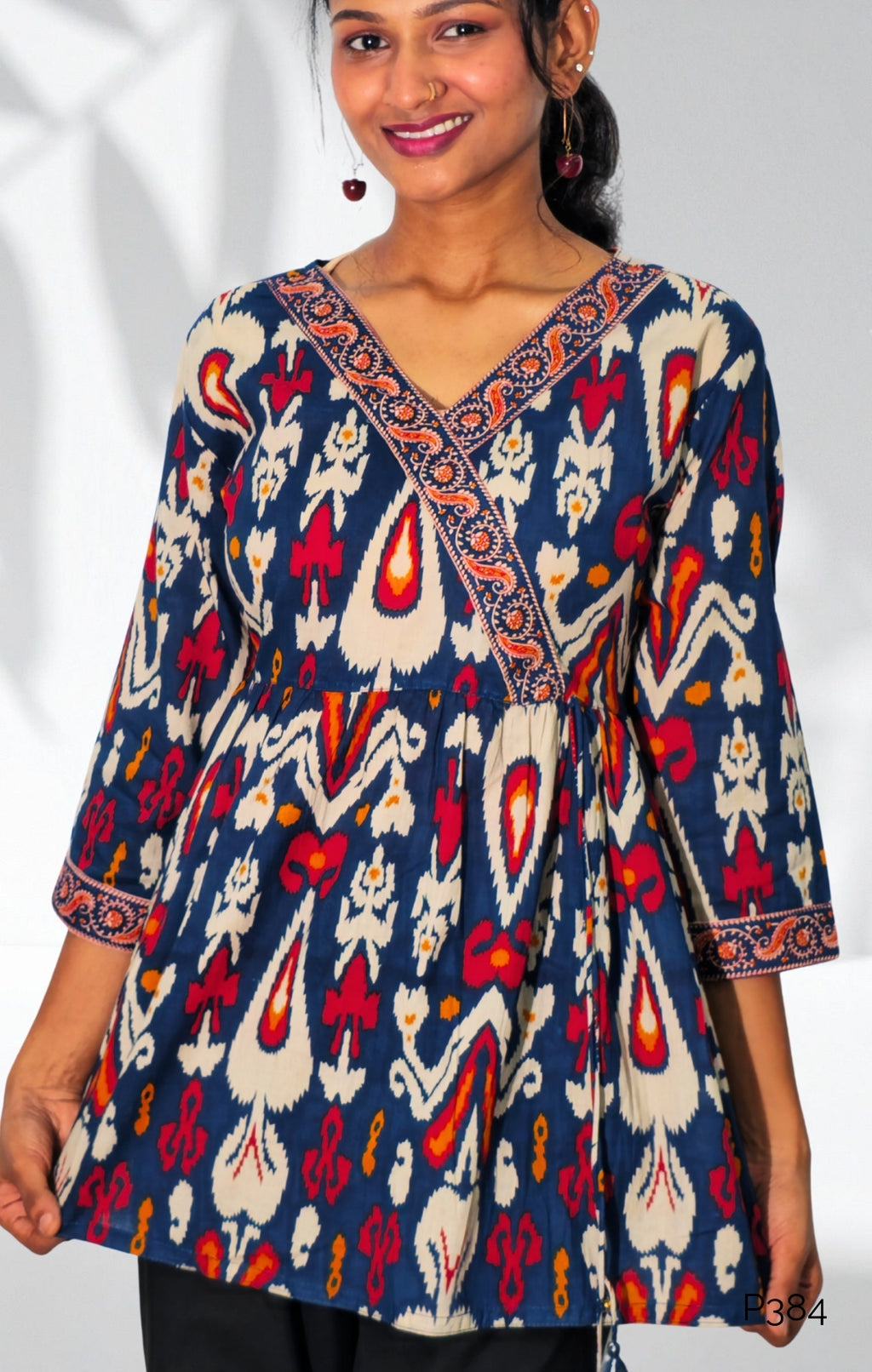 Navy Cotton Ikat Printed Wrap-Style Tunic Top