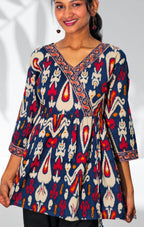 Navy Cotton Ikat Printed Wrap-Style Tunic Top
