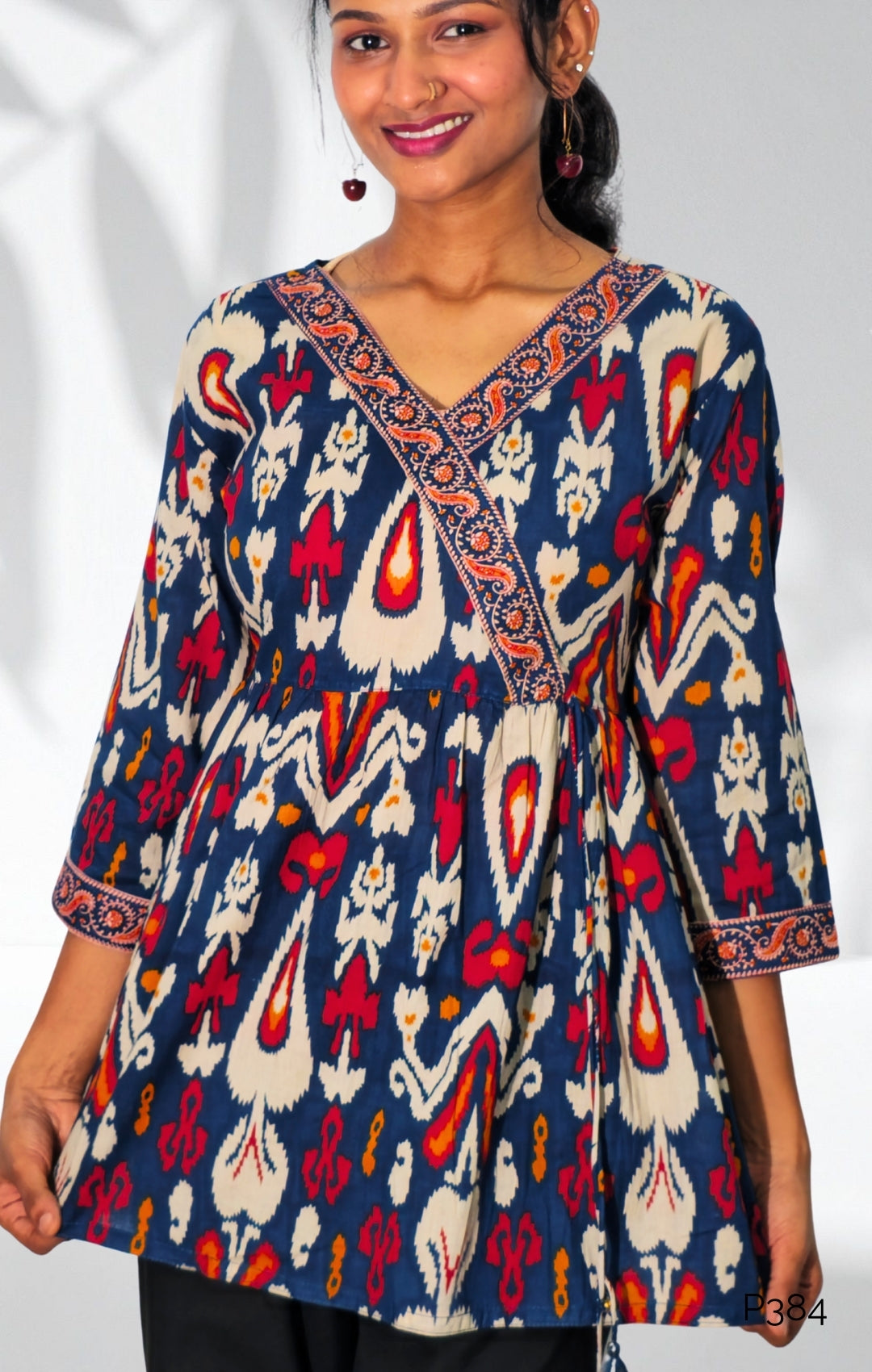 Navy Cotton Ikat Printed Wrap-Style Tunic Top
