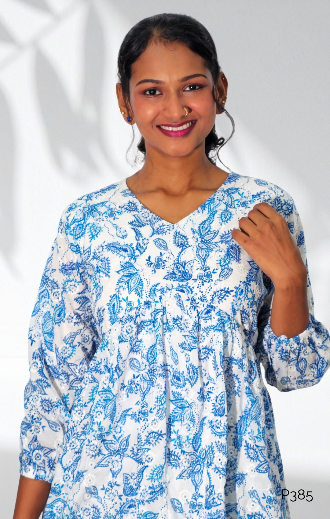 White Cotton Hakoba-Style Printed A-Line Kurti Top