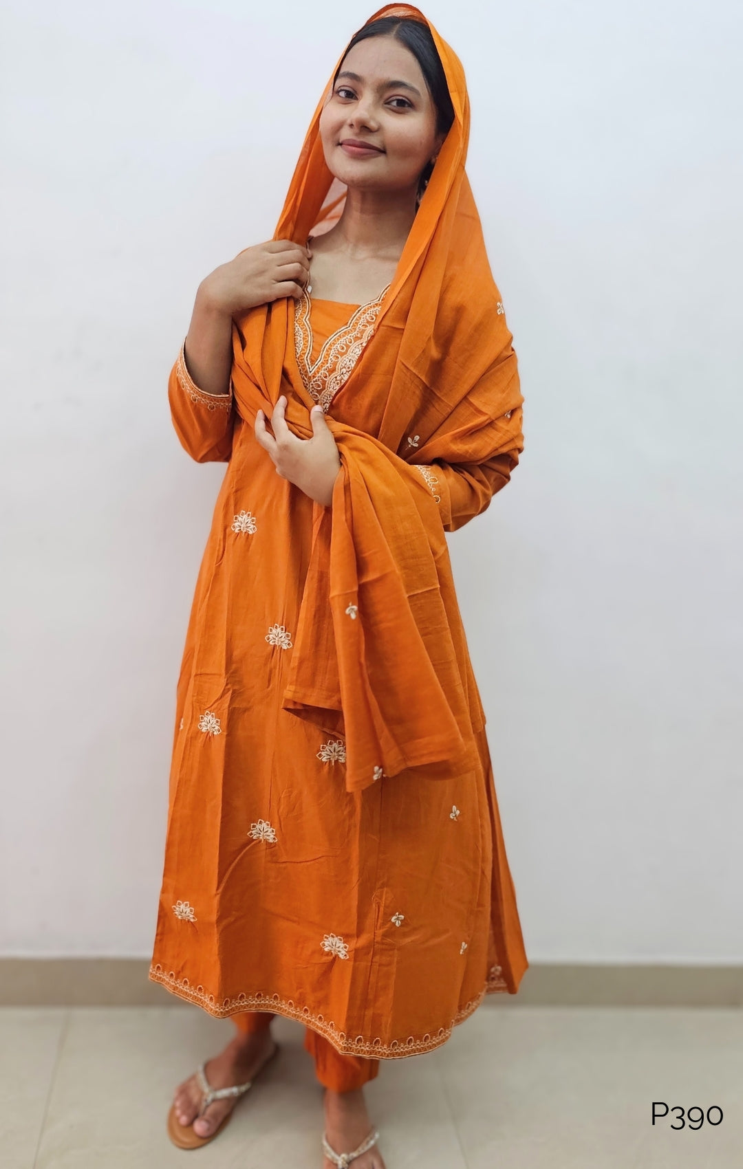 Rust Orange Cotton Embroidered Stitched Suit Set with Dupatta