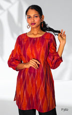 Rust & Maroon Cotton Ikat Printed Straight Kurti