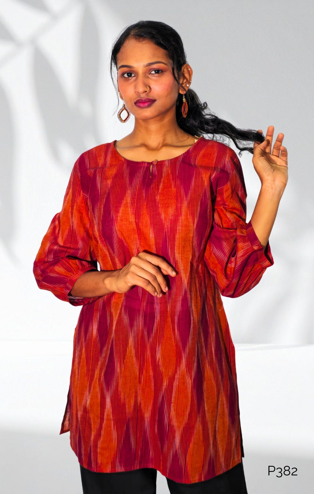Rust & Maroon Cotton Ikat Printed Straight Kurti