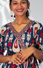 Navy Cotton Ikat Printed Wrap-Style Tunic Top
