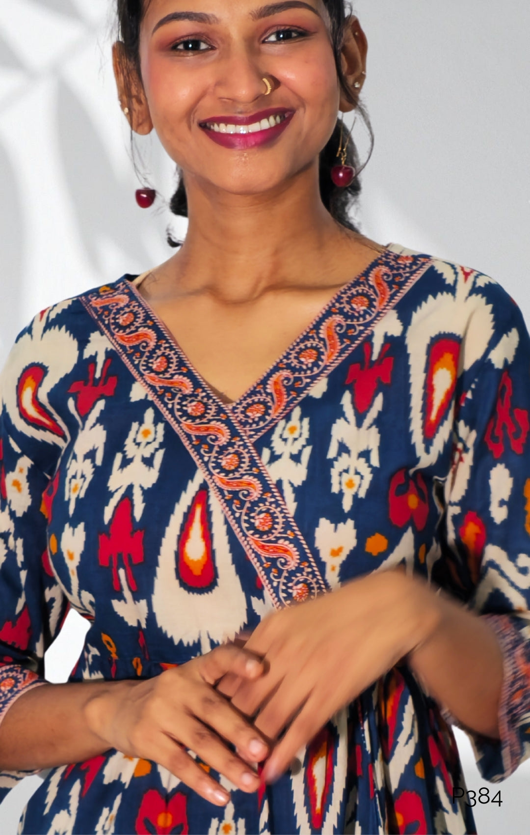 Navy Cotton Ikat Printed Wrap-Style Tunic Top