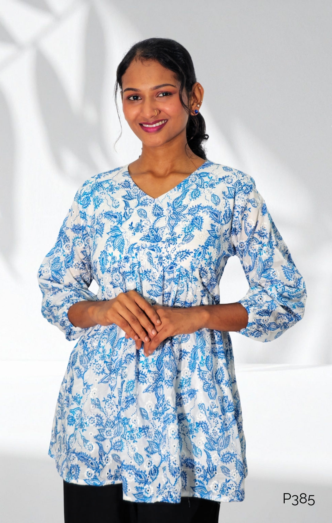 White Cotton Hakoba-Style Printed A-Line Kurti Top2