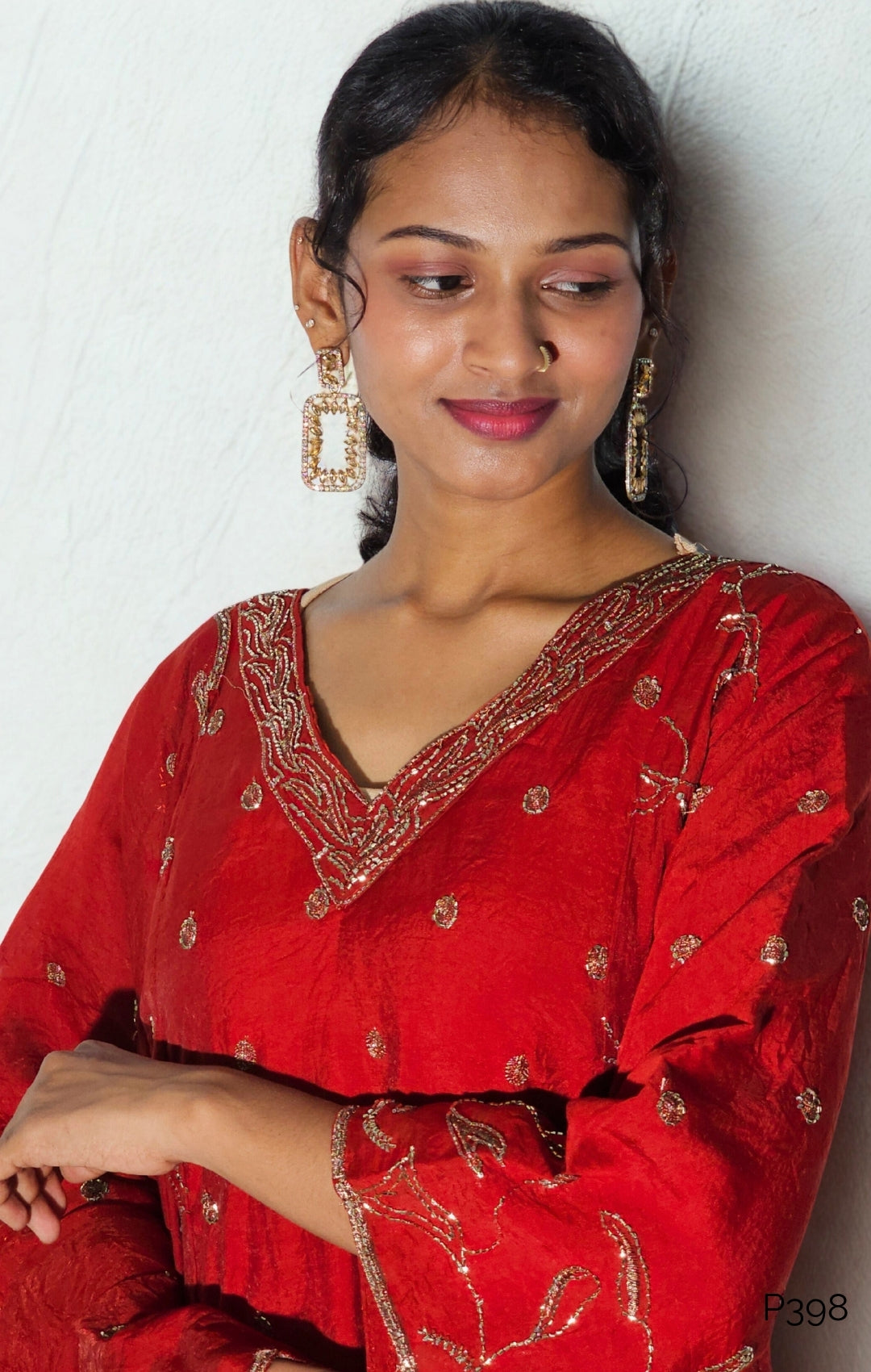 Mul Chanderi Embroidered Festive Stitched Suit Set (Red, Yellow, Ivory & Black)