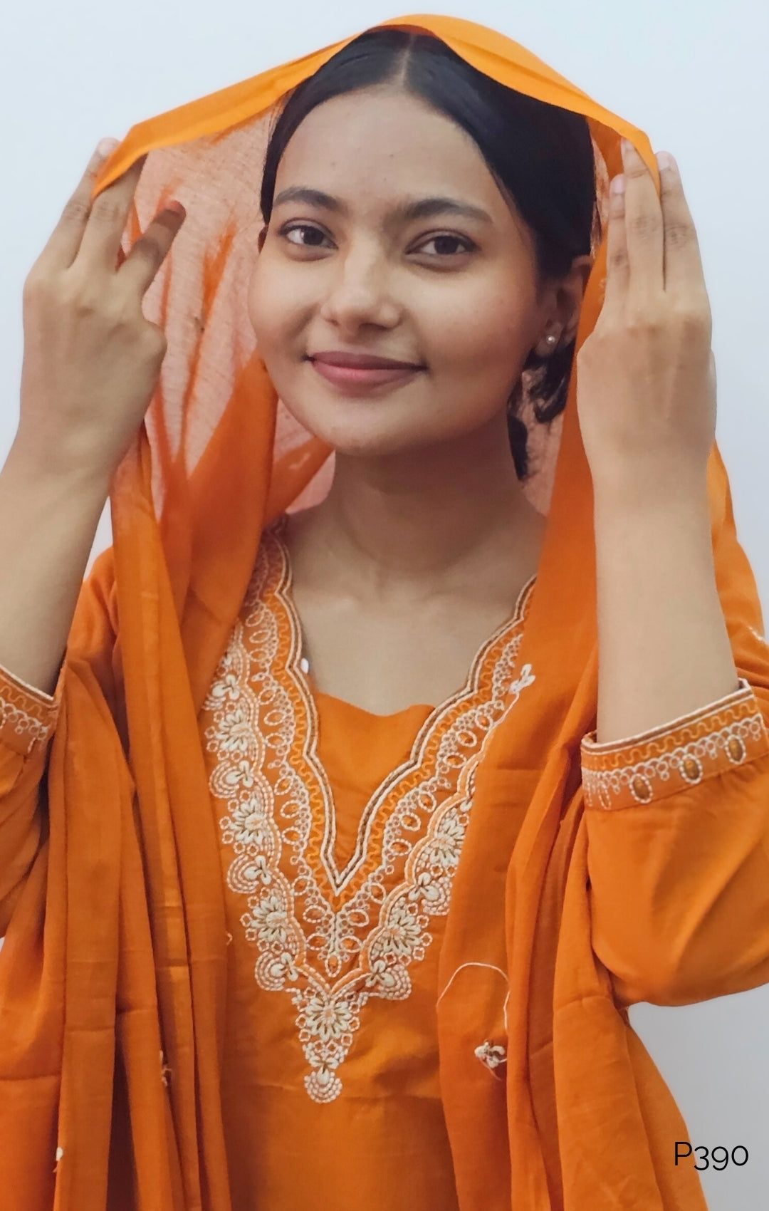 Rust Orange Cotton Embroidered Stitched Suit Set with Dupatta