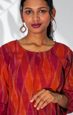 Rust & Maroon Cotton Ikat Printed Straight Kurti
