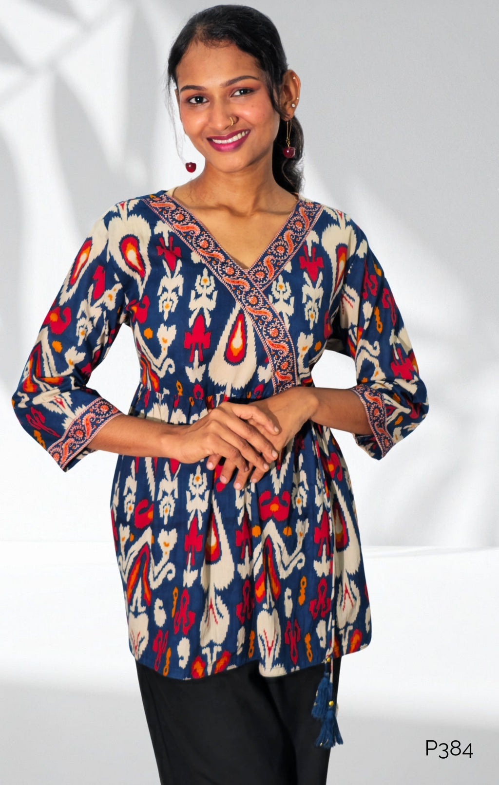 Navy Cotton Ikat Printed Wrap-Style Tunic Top