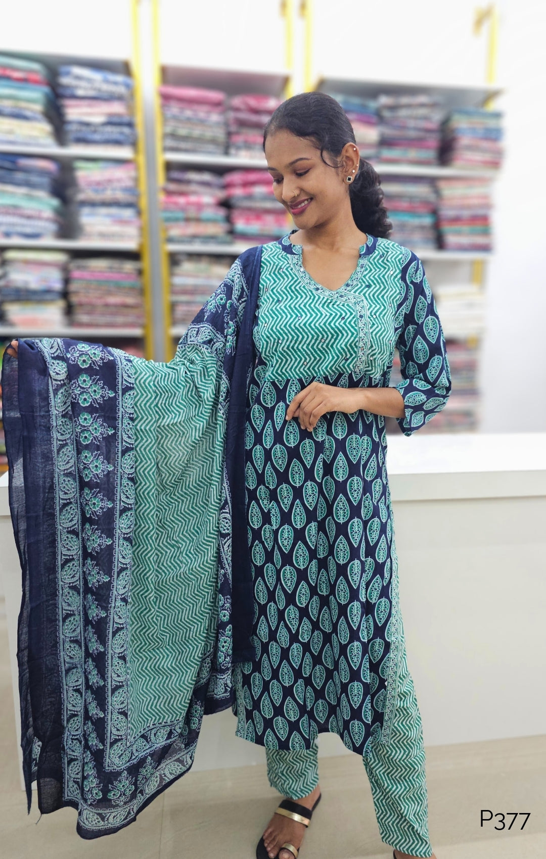 Indigo Leaf Cotton Kurta Set