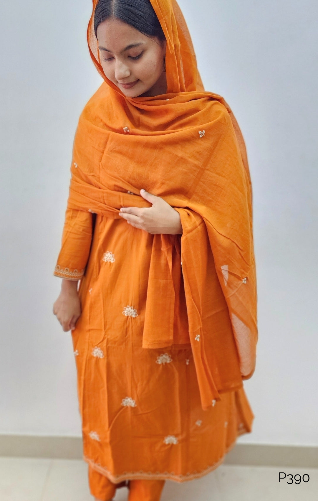 Rust Orange Cotton Embroidered Stitched Suit Set with Dupatta