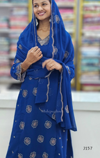 Woman wearing a blue embroidered traditional outfit with a matching dupatta.
