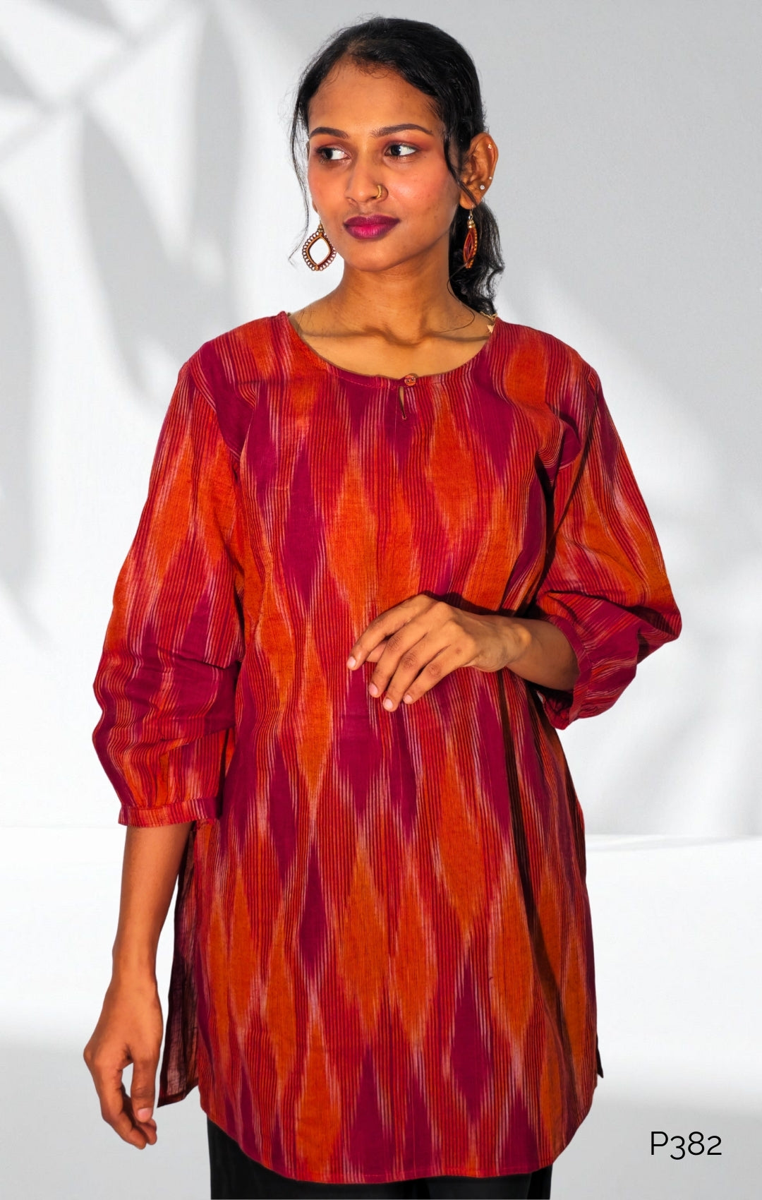 Rust & Maroon Cotton Ikat Printed Straight Kurti