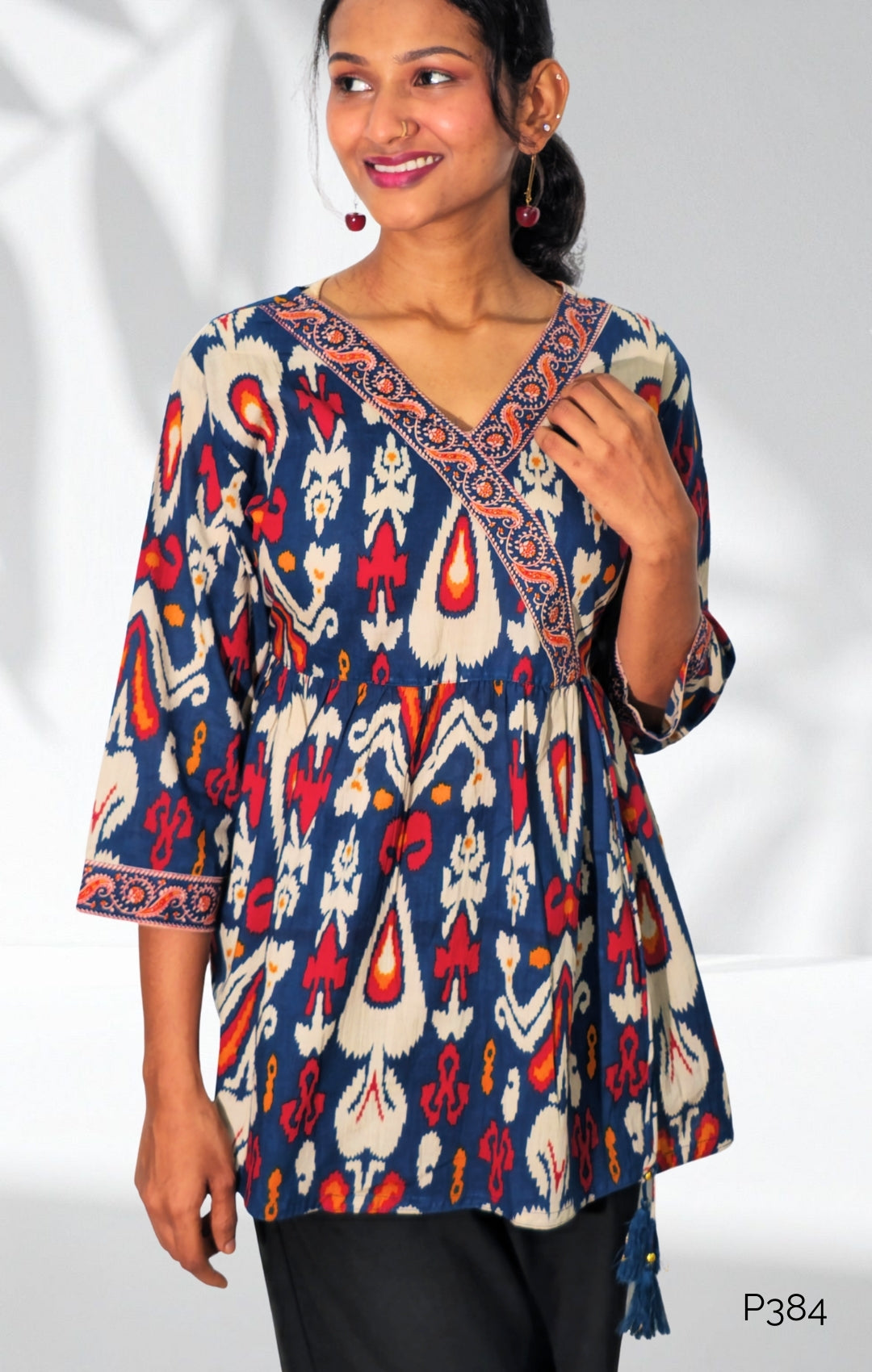 Navy Cotton Ikat Printed Wrap-Style Tunic Top