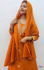 Rust Orange Cotton Embroidered Stitched Suit Set with Dupatta