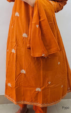 Rust Orange Cotton Embroidered Stitched Suit Set with Dupatta