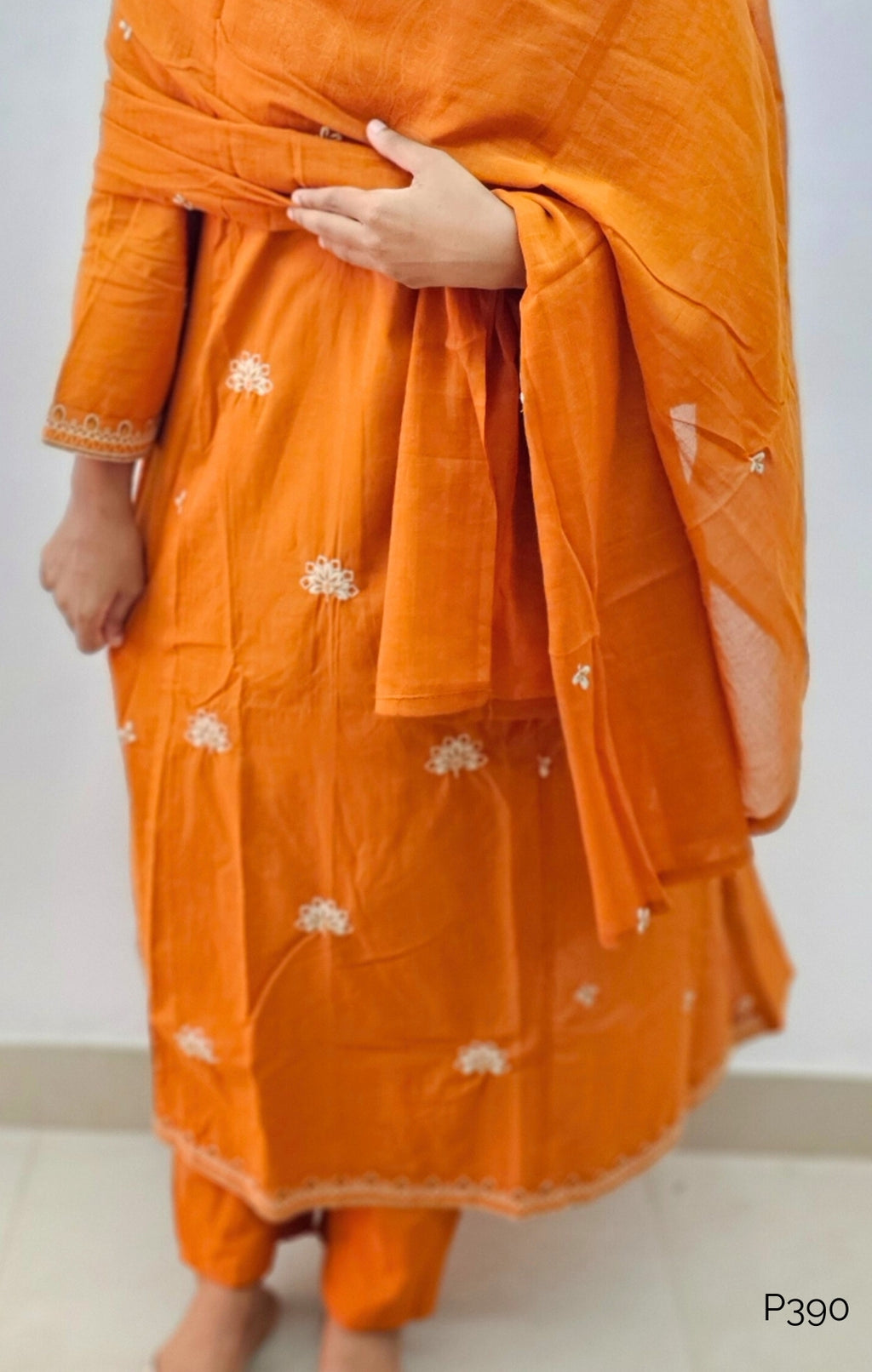 Rust Orange Cotton Embroidered Stitched Suit Set with Dupatta