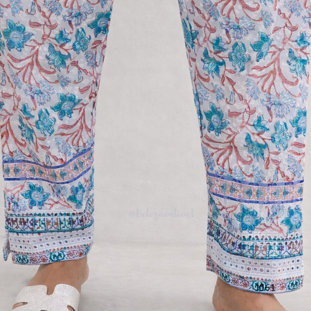 Colorful floral-patterned pants on a white background