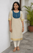 Beige cotton women’s ethnic top with teal embroidered yoke, short sleeves, and simple straight fit.