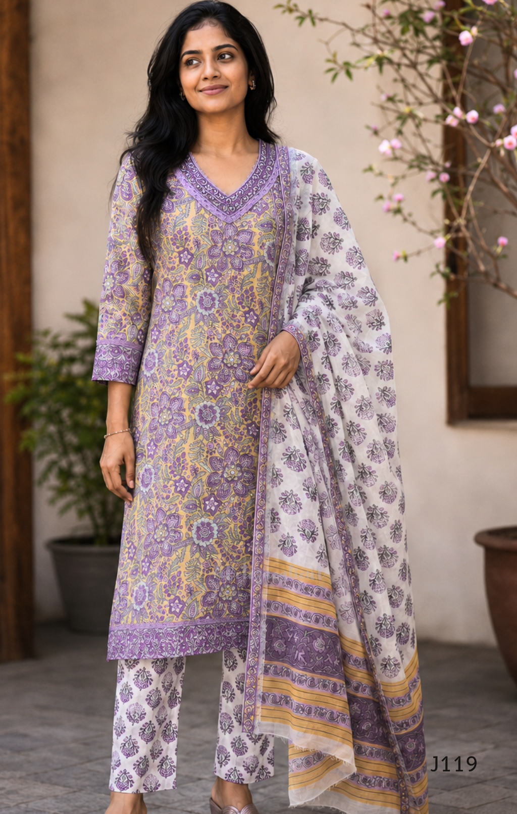 Beige mustard cotton 3-piece churidar set with lavender floral block print, gold V-neckline detail, ivory dupatta and matching printed bottom.
