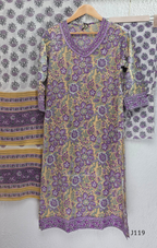 Beige mustard cotton 3-piece churidar set with lavender floral block print, gold V-neckline detail, ivory dupatta and matching printed bottom.