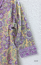 Beige mustard cotton 3-piece churidar set with lavender floral block print, gold V-neckline detail, ivory dupatta and matching printed bottom.