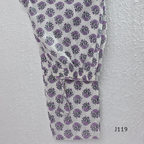 Beige mustard cotton 3-piece churidar set with lavender floral block print, gold V-neckline detail, ivory dupatta and matching printed bottom.