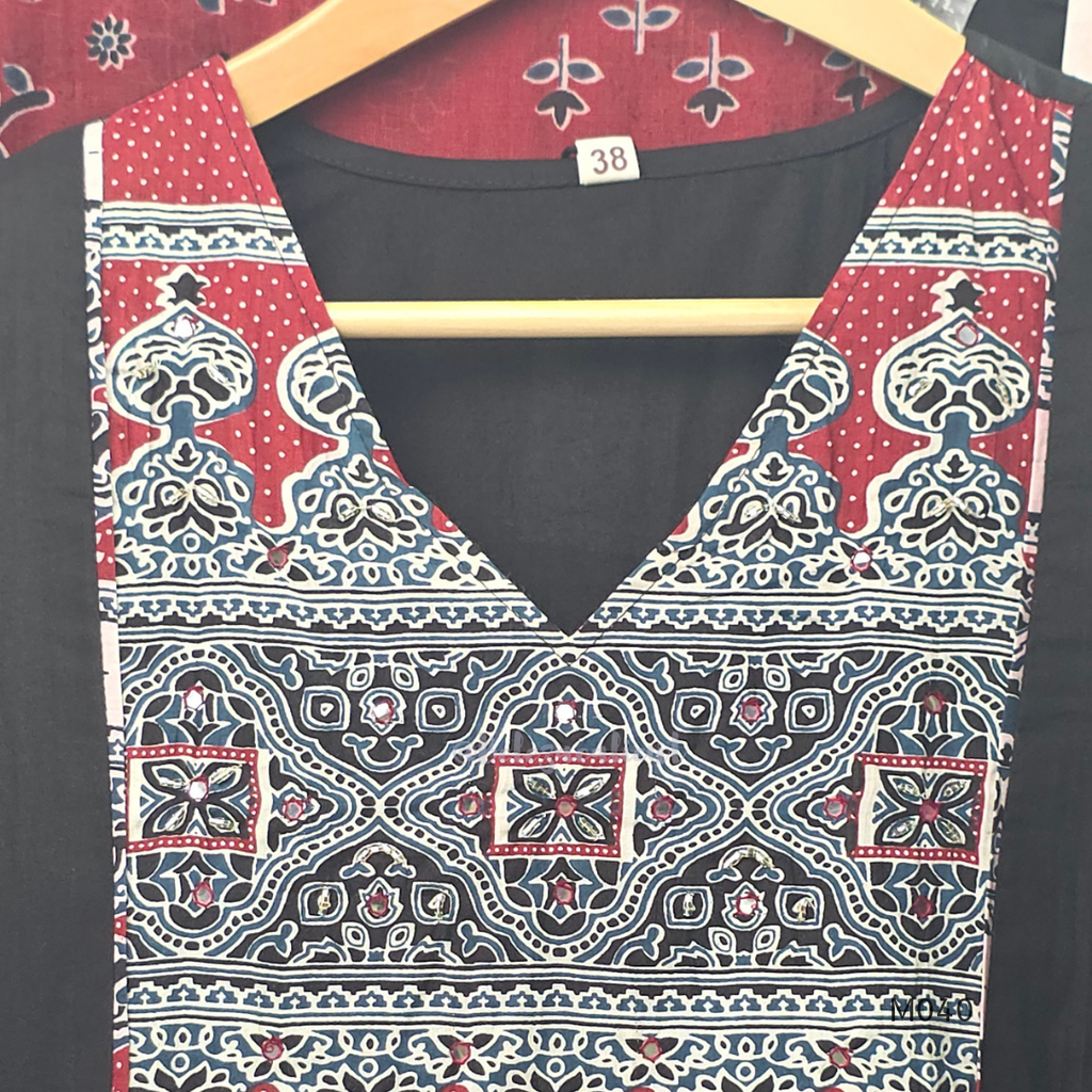 Black cotton 3-piece churidar set with red Ajrakh-style printed yoke, matching printed dupatta, and plain black pant.