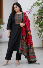 Black Gajji silk plus size churidar set with embroidered yoke, sleeve border, matching black bottom and contrast red printed dupatta.