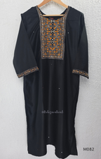 Black Gajji silk plus size churidar set with embroidered yoke, sleeve border, matching black bottom and contrast red printed dupatta.