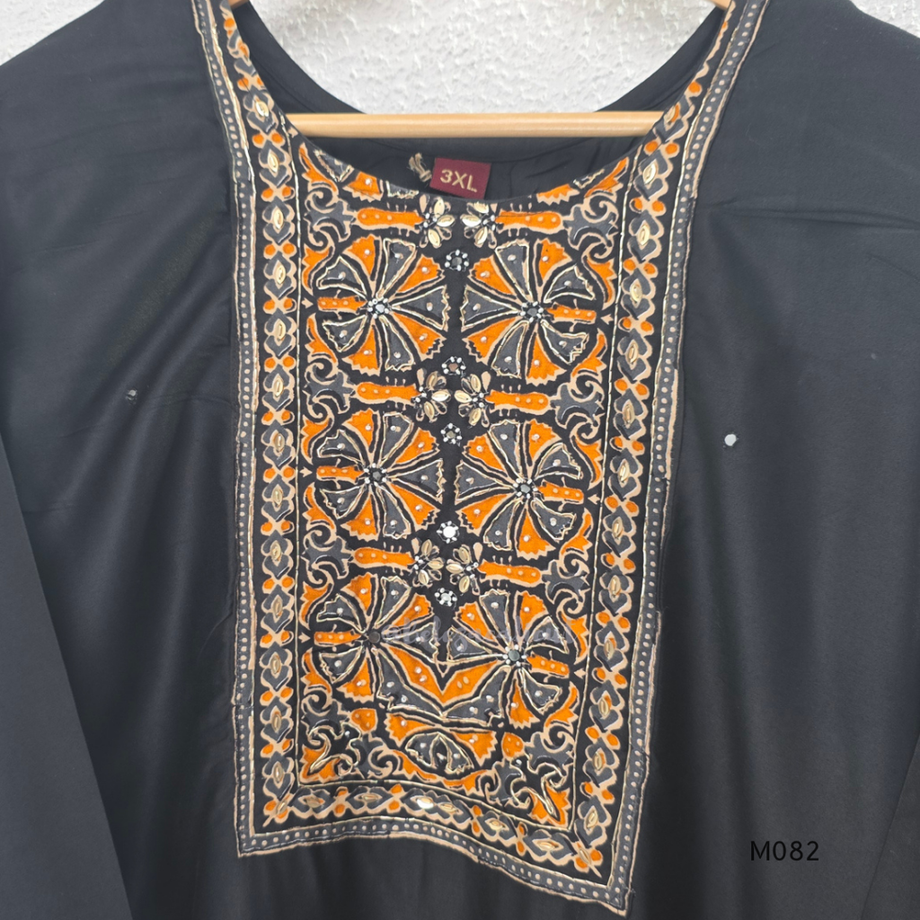 Black Gajji silk plus size churidar set with embroidered yoke, sleeve border, matching black bottom and contrast red printed dupatta.