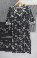 Black Jaipur cotton 3-piece churidar set with grey-white floral print, V-neck detail, printed dupatta and striped matching bottom.