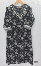 Black Jaipur cotton 3-piece churidar set with grey-white floral print, V-neck detail, printed dupatta and striped matching bottom.