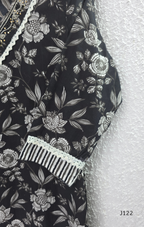 Black Jaipur cotton 3-piece churidar set with grey-white floral print, V-neck detail, printed dupatta and striped matching bottom.