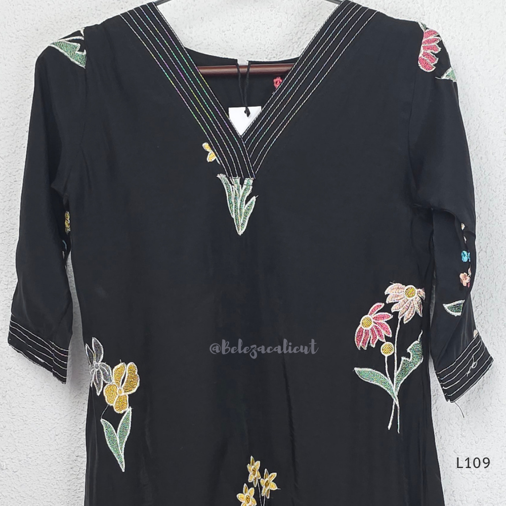 Black mul chanderi A-line kurti with colourful floral embroidery, V-neck stitch detail and 3/4 sleeves