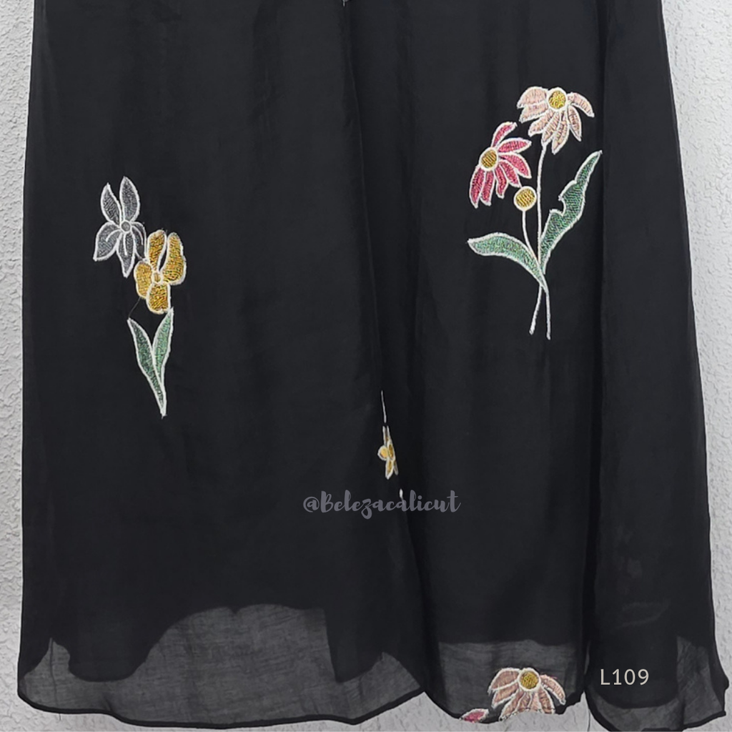 Black mul chanderi A-line kurti with colourful floral embroidery, V-neck stitch detail and 3/4 sleeves
