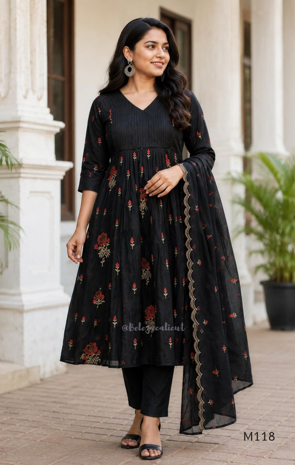Black Mul Chanderi churidar set with red rose embroidery, straight pant and embroidered dupatta.