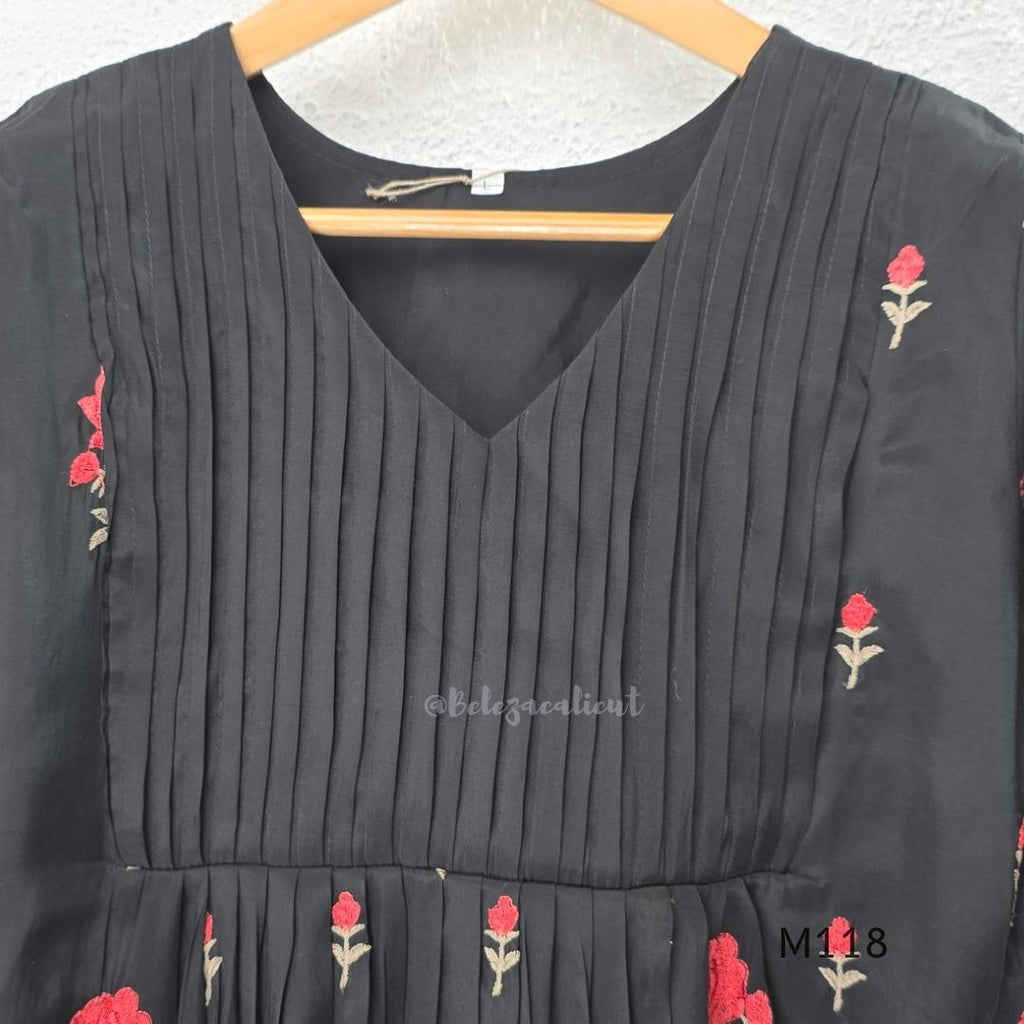 Black Mul Chanderi churidar set with red rose embroidery, straight pant and embroidered dupatta.