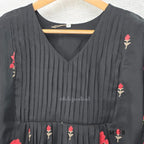 Black Mul Chanderi churidar set with red rose embroidery, straight pant and embroidered dupatta.