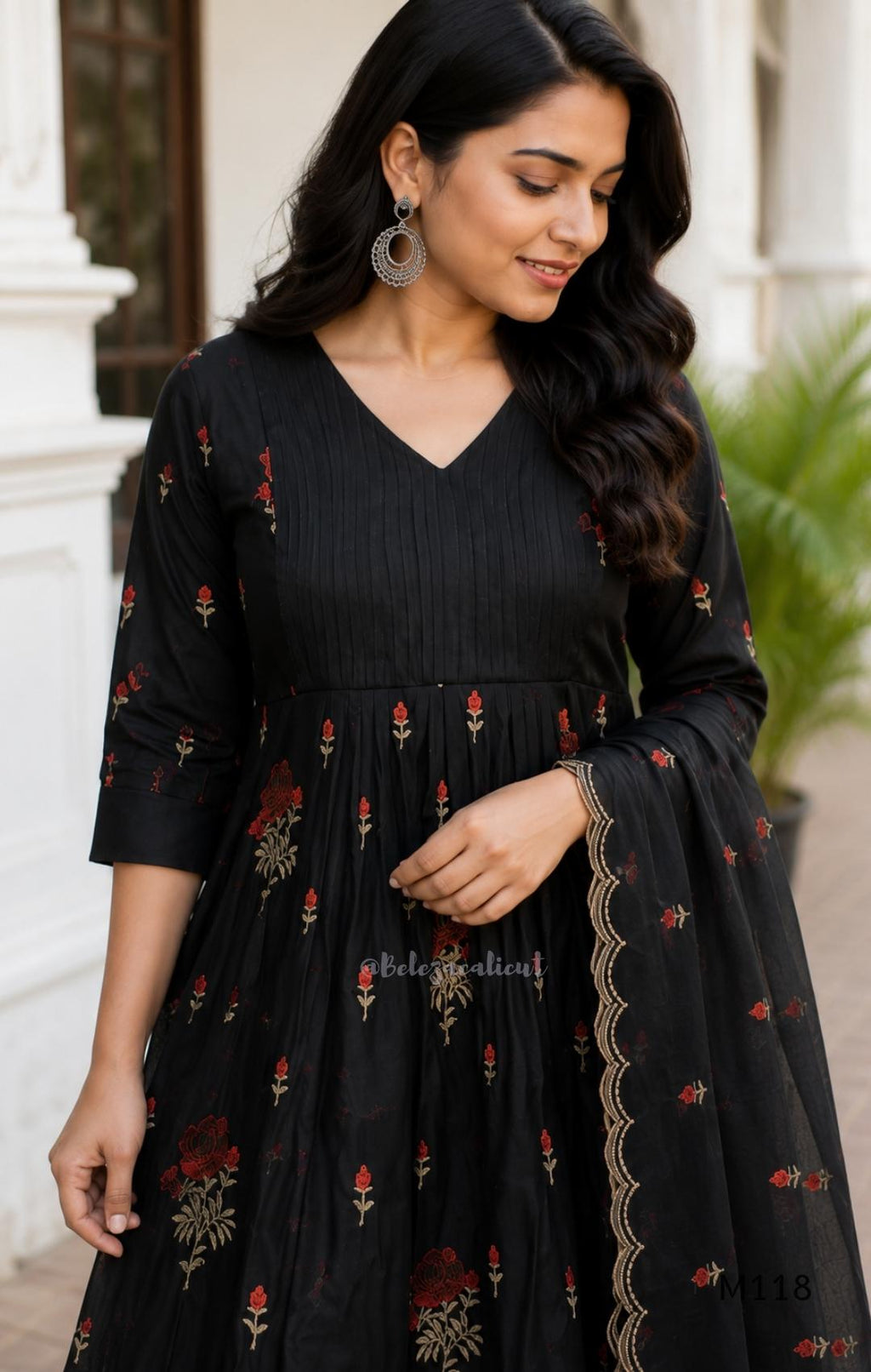 Black Mul Chanderi churidar set with red rose embroidery, straight pant and embroidered dupatta.